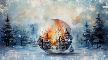 new year greeting card, decoration ball on a winter background with snowflakes, christmas gift