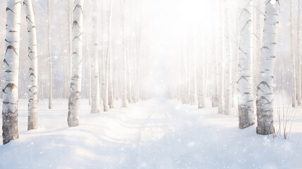 winter landscape, abstract background snowfall in the forest, white birch trees surrounded by snow, blurred background with a copy space