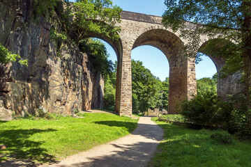 The Torr Vale Viaduct taking the Union Road over the River Goyt at Torr Vale, New Mills in Derbyshire, England.