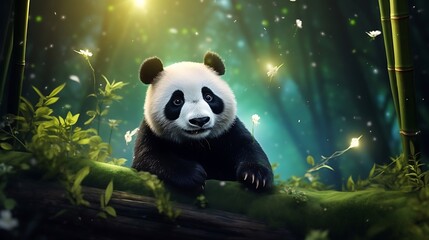 Pandas eat bamboo under the moonlight, the moonlight passes through the bamboo forest
