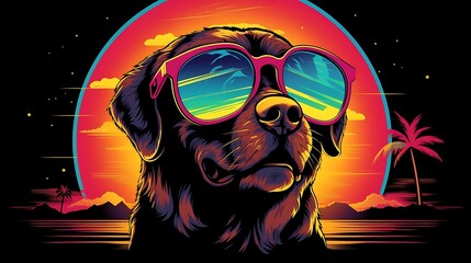 tshirt vector, 80s synthwave dog, vivid colors, detailed 