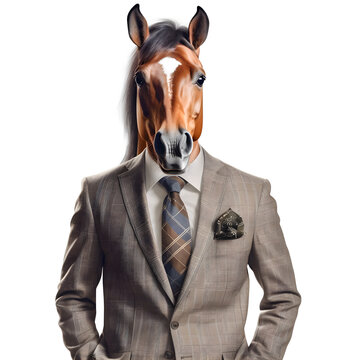 horse head suit, animal costume,stylish classic suit, animal head, white background