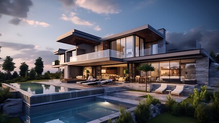 Modern villa with stunning views, gray villa with partly cloudy sky, and a beautiful luxurious garden, picture size - obrazy, fototapety, plakaty