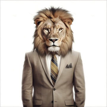 lion headsuit, animal costume,stylish classic suit, animal head, white background
