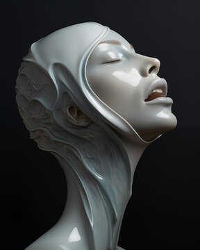 "Worshipping the Sun" AI illustration of a porcelain head bust of a woman with eyes closed, facing the sun