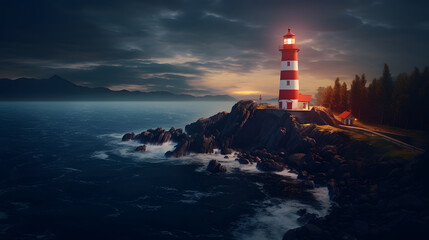 Picturesque coastal lighthouse perched atop rocky cliffs, guiding ships with its steadfast beacon in the night. Ai Generated.NO.03