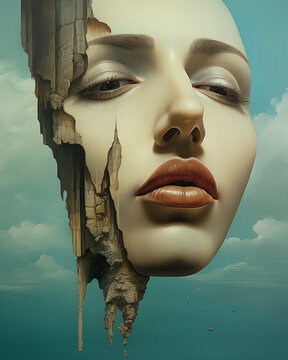 "Jaded" AI illustration of a beautiful woman with make-up in a decaying landscape, fragmented figuration portraitur, matte photo, photorealistic surrealism