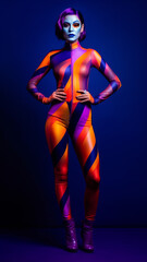 Fototapeta na wymiar 3d rendering of a futuristic woman with neon make-up and bodyart generativa IA
