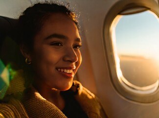 Black woman travelling on airplane closeup