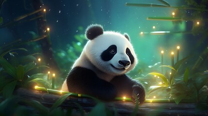 Pandas eat bamboo under the moonlight, the moonlight passes through the bamboo forest, Fireflies, CG