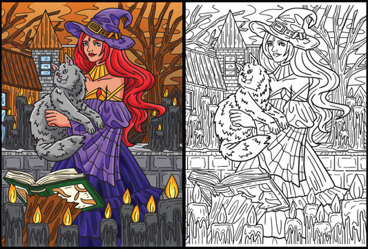 Halloween Witch with a Cat Coloring Illustration