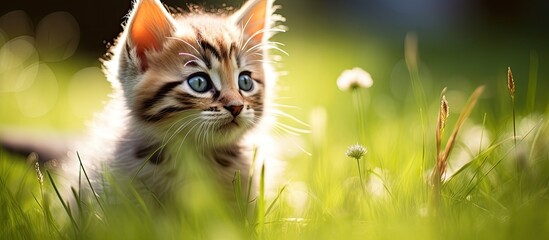 Adorable feline frolicking on verdant turf with a gentle backdrop