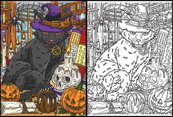 Halloween Cat with Hat Coloring Page Illustration