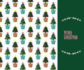Postcard template with a pattern of Christmas trees. Christmas and New Year. Holiday symbol. Vector illustration. For covers, brochures, flyers, posters and prints, cards and invitations.