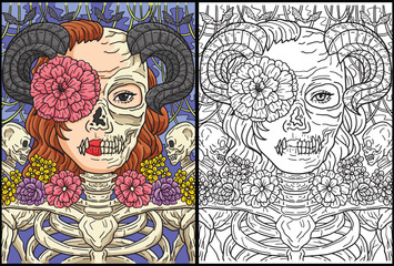 Halloween Skull Flower Coloring Page Illustration