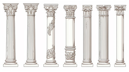 ancient marble columns set collection of isolated architectural elements on a white background