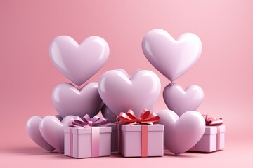 Love celebration vibrant heart shaped balloons and gift boxes soaring in 3d with a pink background