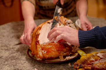 Family prepares turkey meal. Thanksgiving dinner 