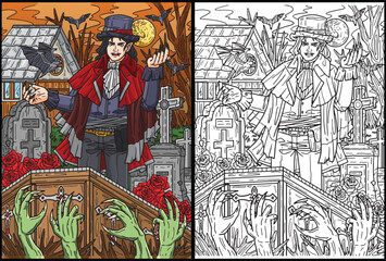 Halloween Vampire and Coffin Coloring Illustration