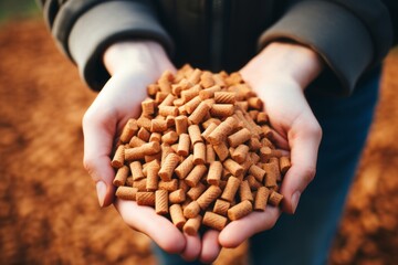 Close up of a mans hands holding an eco friendly natural wood pellet for heating or cooking purposes