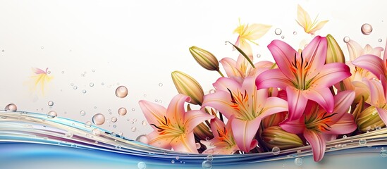 A wavy striped background sets the scene for a round frame adorned with pink lilies and vibrant transparent bubbles floating in the air