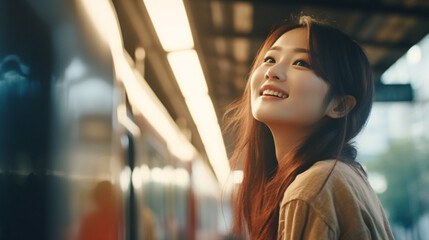 beautiful asian woman in train station