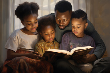 family photo, parents reading book, read fairy tale, happy children, family concept
