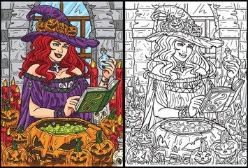 Halloween Witch with Potion Coloring Illustration