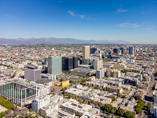 Los Angeles, California – October 30, 2023: aerial drone view toward Wilshire Blvd at LA...