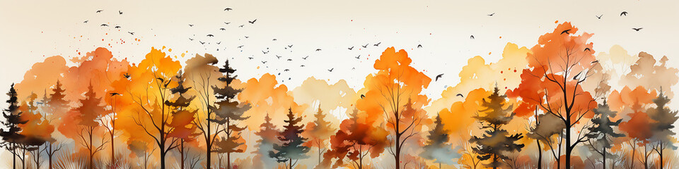long panorama on a white background row of colorful trees in a fantastic landscape of the forest rainbow spectrum autumn