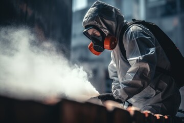 Pest control technician in mask and protective suit spraying lethal gas to exterminate pests - obrazy, fototapety, plakaty