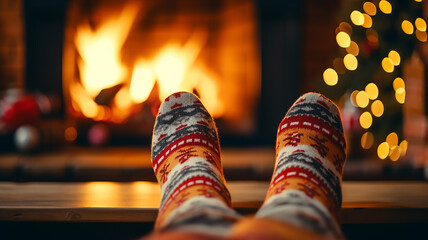 feet in striped knitted multicolored socks in front of a cozy fireplace on Christmas Eve, a warm winter evening at home - obrazy, fototapety, plakaty