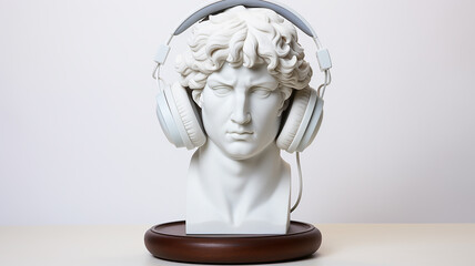 classical music concept, the head of an abstract fictional ancient male statue in modern music headphones, listening to music on a white background