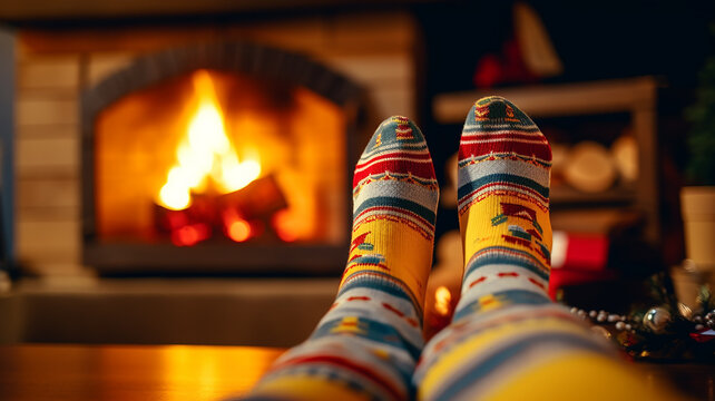 feet in striped knitted multicolored socks in front of a cozy fireplace on Christmas Eve, a warm winter evening at home