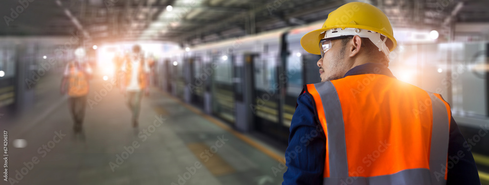 Poster Engineer manager working of electric train. Inspect system and control the operation of the sky train in maintenance factory, transportation and Industry.