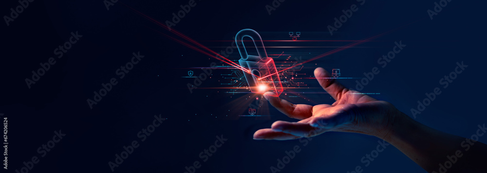 Poster Cyber security, Hand hold digital padlock, Login verified identity credentials on network of data protection technology.Online internet authorized access against cyber attack and business data privacy