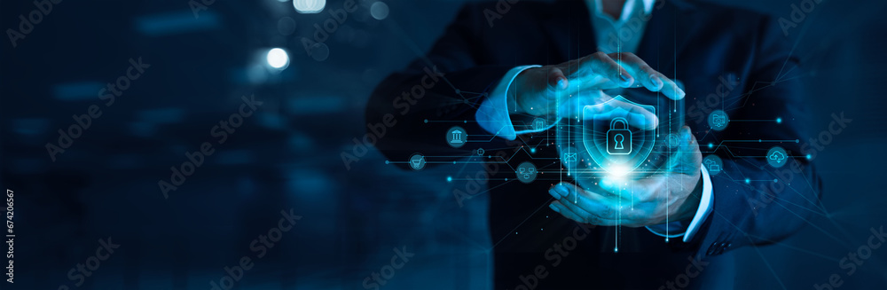 Poster Cyber security and information or network protection. Future technology web services for business, Data protection technology. Online internet access cyber attack and business data privacy.