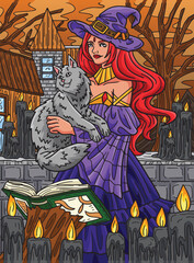 Halloween Witch with a Cat Colored Cartoon Illustration