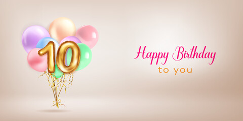 Festive birthday illustration in pastel colors with a bunch of helium balloons, golden foil balloons in the shape of the number 10 and lettering Happy Birthday to you on beige background