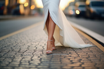 Close up of a woman walking with white bridal high heel shoes and a dress in the background of the street. Design concept of bridal and wedding. - obrazy, fototapety, plakaty