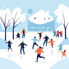 Villagers go ice skating in winter