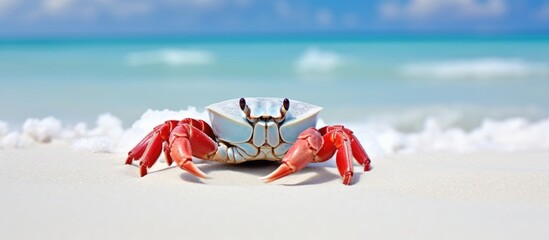 A crab situated on a beach made up of white sand - Powered by Adobe