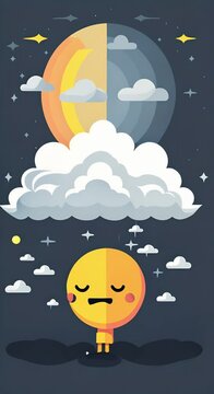 A characters negative thoughts form dark storm clouds overhead, while positive thoughts bring rays of sunshine. 