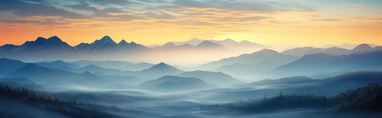 Fototapeta premium Amazing landscape panoramic view of misty morning in mountain range