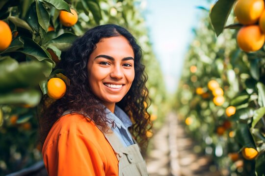 Latin American female orchard worker in orange orchard