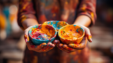 Artist with pots of paint in his hands. Painter with cans of colorful paint in her paint-stained hands. Girl's hands showing her art work materials. - obrazy, fototapety, plakaty