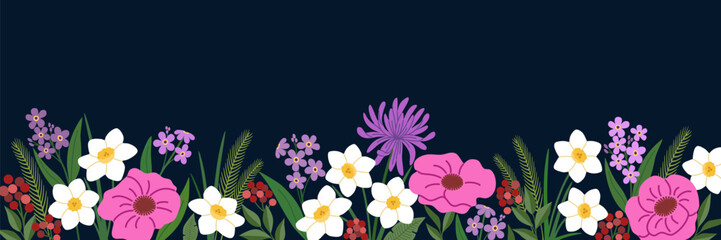 Floral banner. Horizontal border with beautiful plants. Blooming spring flowers. Hand drawn vector illustration isolated on black background. Modern flat cartoon style.