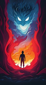 A character bravely confronts their inner demons, depicting the concept of facing fears and overcoming obstacles. 