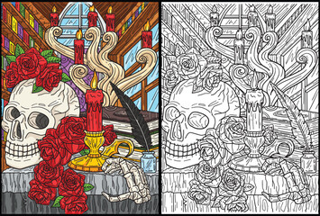 Halloween Skull Candelabra Coloring Illustration