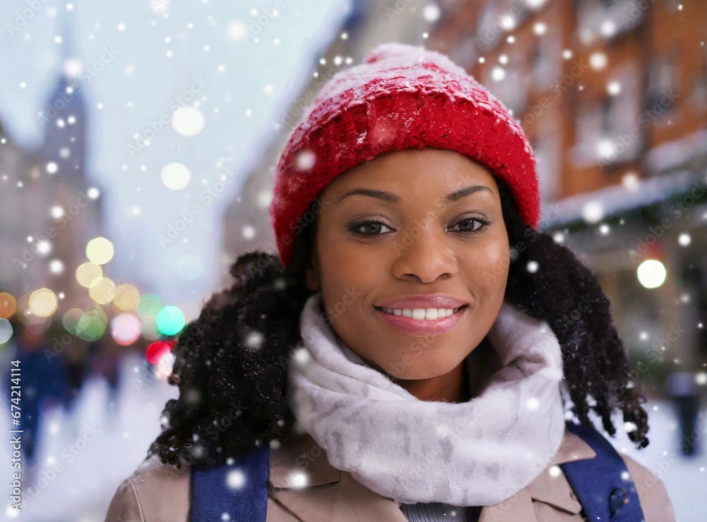 Poster African american woman walking around the snowy city. Winter Holiday Season Concept